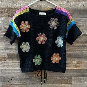 Mello Daisy Floral Black Crochet Short Sleeve Sweater Top Size Small NWOT